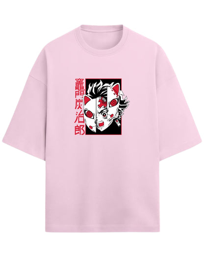 Tanjiro Split Mask Oversized T-Shirt | Demon Slayer Anime Graphic Tee | Premium 260 GSM Cotton