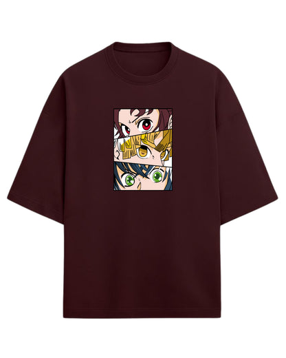 Demon Slayer Trio Eyes Oversized T-Shirt | Tanjiro, Zenitsu & Inosuke Anime Tee | Premium 260 GSM Cotton Blend