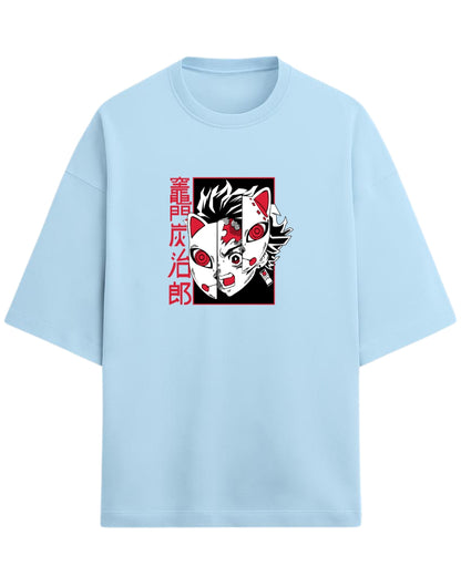 Tanjiro Split Mask Oversized T-Shirt | Demon Slayer Anime Graphic Tee | Premium 260 GSM Cotton