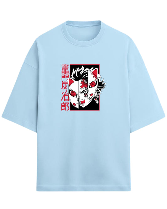 Tanjiro Split Mask Oversized T-Shirt | Demon Slayer Anime Graphic Tee | Premium 260 GSM Cotton