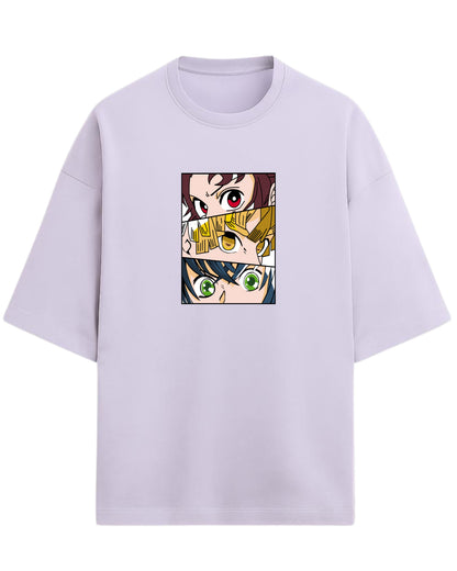 Demon Slayer Trio Eyes Oversized T-Shirt | Tanjiro, Zenitsu & Inosuke Anime Tee | Premium 260 GSM Cotton Blend