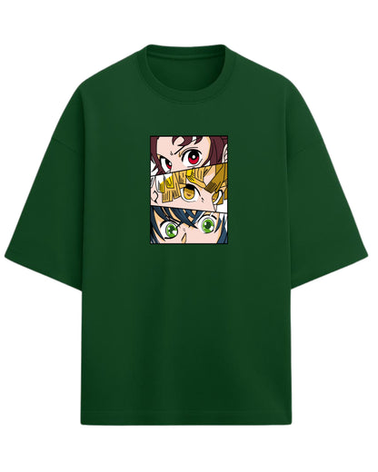 Demon Slayer Trio Eyes Oversized T-Shirt | Tanjiro, Zenitsu & Inosuke Anime Tee | Premium 260 GSM Cotton Blend