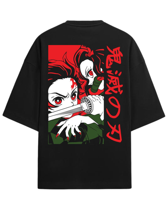 Tanjiro & Nezuko Oversized T-Shirt | Demon Slayer Anime Duo Graphic Tee | Premium 260 GSM Cotton Blend