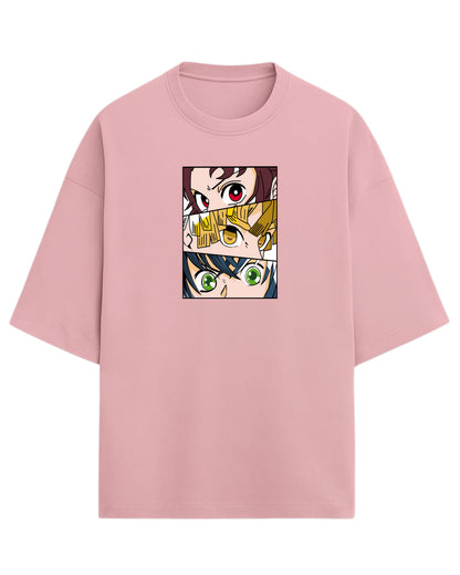 Demon Slayer Trio Eyes Oversized T-Shirt | Tanjiro, Zenitsu & Inosuke Anime Tee | Premium 260 GSM Cotton Blend