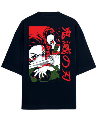 Tanjiro & Nezuko Oversized T-Shirt | Demon Slayer Anime Duo Graphic Tee | Premium 260 GSM Cotton Blend