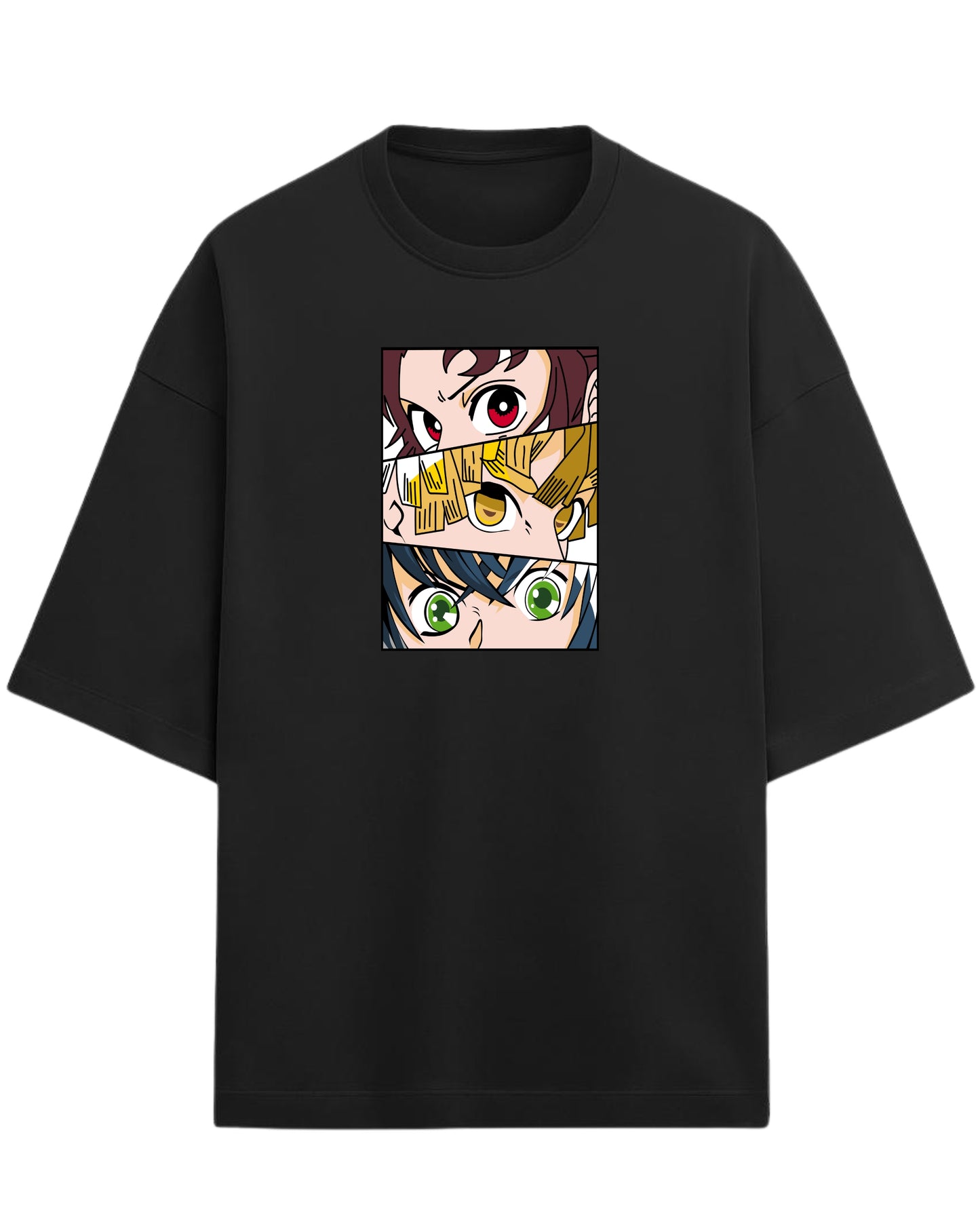 Demon Slayer Trio Eyes Oversized T-Shirt | Tanjiro, Zenitsu & Inosuke Anime Tee | Premium 260 GSM Cotton Blend