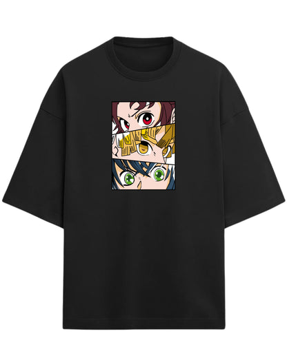 Demon Slayer Trio Eyes Oversized T-Shirt | Tanjiro, Zenitsu & Inosuke Anime Tee | Premium 260 GSM Cotton Blend