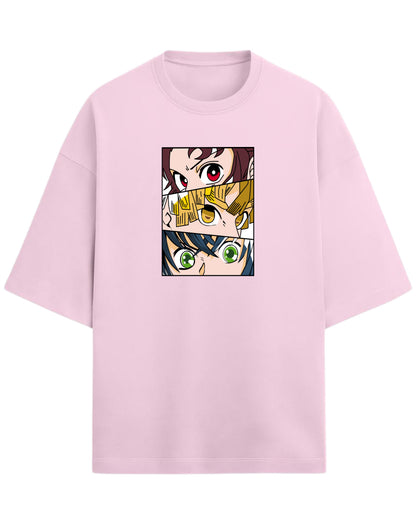 Demon Slayer Trio Eyes Oversized T-Shirt | Tanjiro, Zenitsu & Inosuke Anime Tee | Premium 260 GSM Cotton Blend