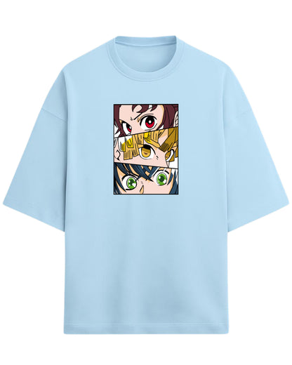 Demon Slayer Trio Eyes Oversized T-Shirt | Tanjiro, Zenitsu & Inosuke Anime Tee | Premium 260 GSM Cotton Blend