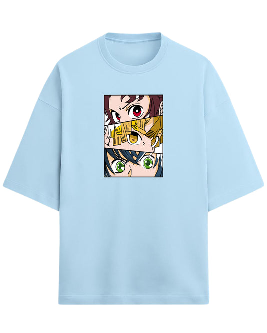 Demon Slayer Trio Eyes Oversized T-Shirt | Tanjiro, Zenitsu & Inosuke Anime Tee | Premium 260 GSM Cotton Blend