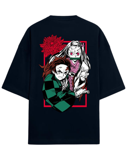 Tanjiro & Nezuko Duo Oversized T-Shirt | Demon Slayer Sibling Bond Graphic Tee | Premium 260 GSM Cotton