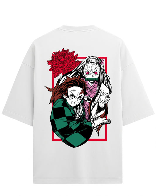Tanjiro & Nezuko Duo Oversized T-Shirt | Demon Slayer Sibling Bond Graphic Tee | Premium 260 GSM Cotton