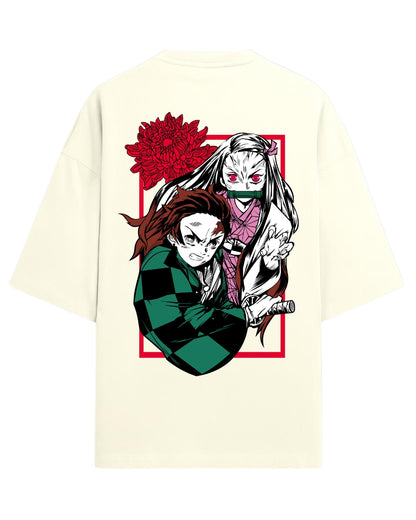 Tanjiro & Nezuko Duo Oversized T-Shirt | Demon Slayer Sibling Bond Graphic Tee | Premium 260 GSM Cotton