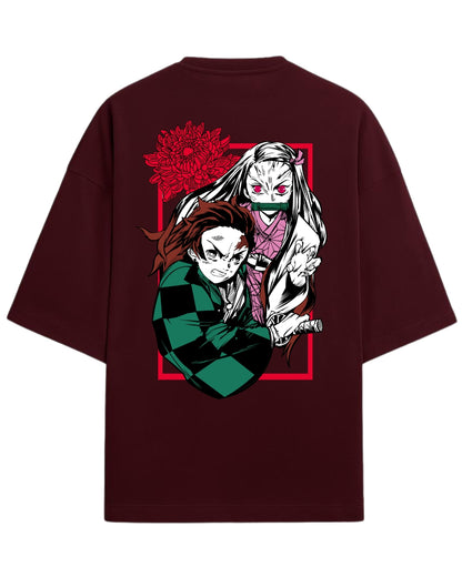 Tanjiro & Nezuko Duo Oversized T-Shirt | Demon Slayer Sibling Bond Graphic Tee | Premium 260 GSM Cotton