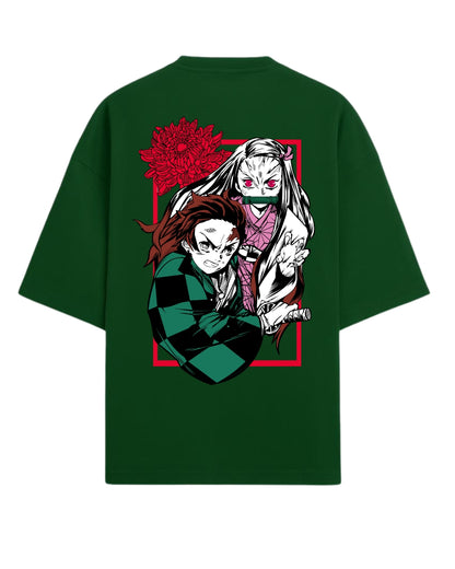 Tanjiro & Nezuko Duo Oversized T-Shirt | Demon Slayer Sibling Bond Graphic Tee | Premium 260 GSM Cotton