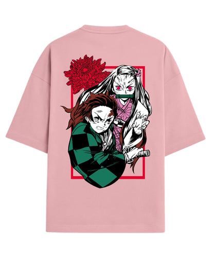 Tanjiro & Nezuko Duo Oversized T-Shirt | Demon Slayer Sibling Bond Graphic Tee | Premium 260 GSM Cotton