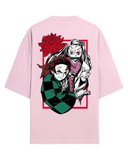 Tanjiro & Nezuko Duo Oversized T-Shirt | Demon Slayer Sibling Bond Graphic Tee | Premium 260 GSM Cotton