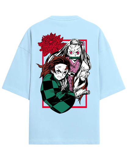 Tanjiro & Nezuko Duo Oversized T-Shirt | Demon Slayer Sibling Bond Graphic Tee | Premium 260 GSM Cotton