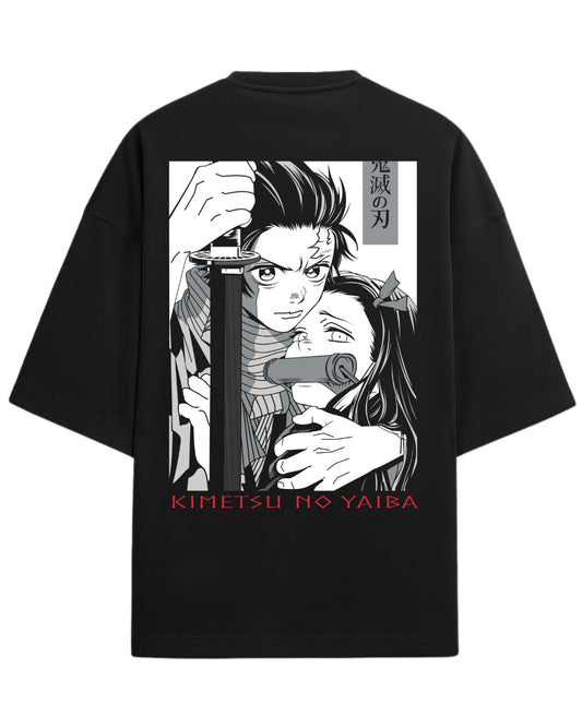 Tanjiro & Nezuko Bond Oversized T-Shirt | Demon Slayer Manga Style Graphic Tee | Premium 260 GSM Cotton