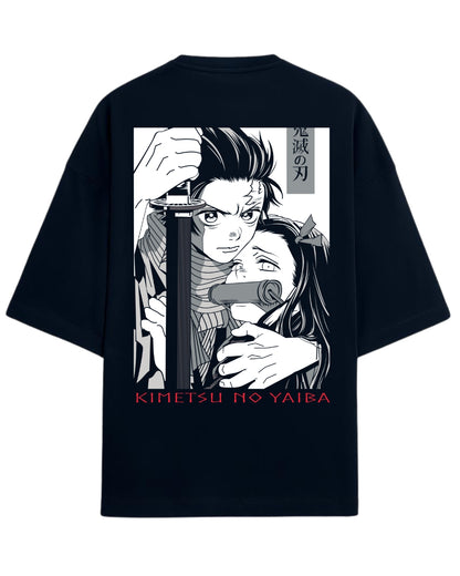 Tanjiro & Nezuko Bond Oversized T-Shirt | Demon Slayer Manga Style Graphic Tee | Premium 260 GSM Cotton