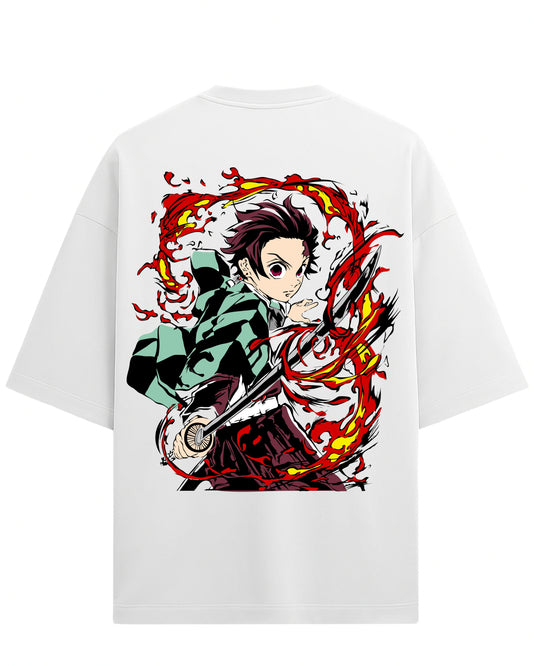 Tanjiro Flame Breathing Oversized T-Shirt | Demon Slayer Hinokami Kagura Anime Tee | Premium 260 GSM Cotton